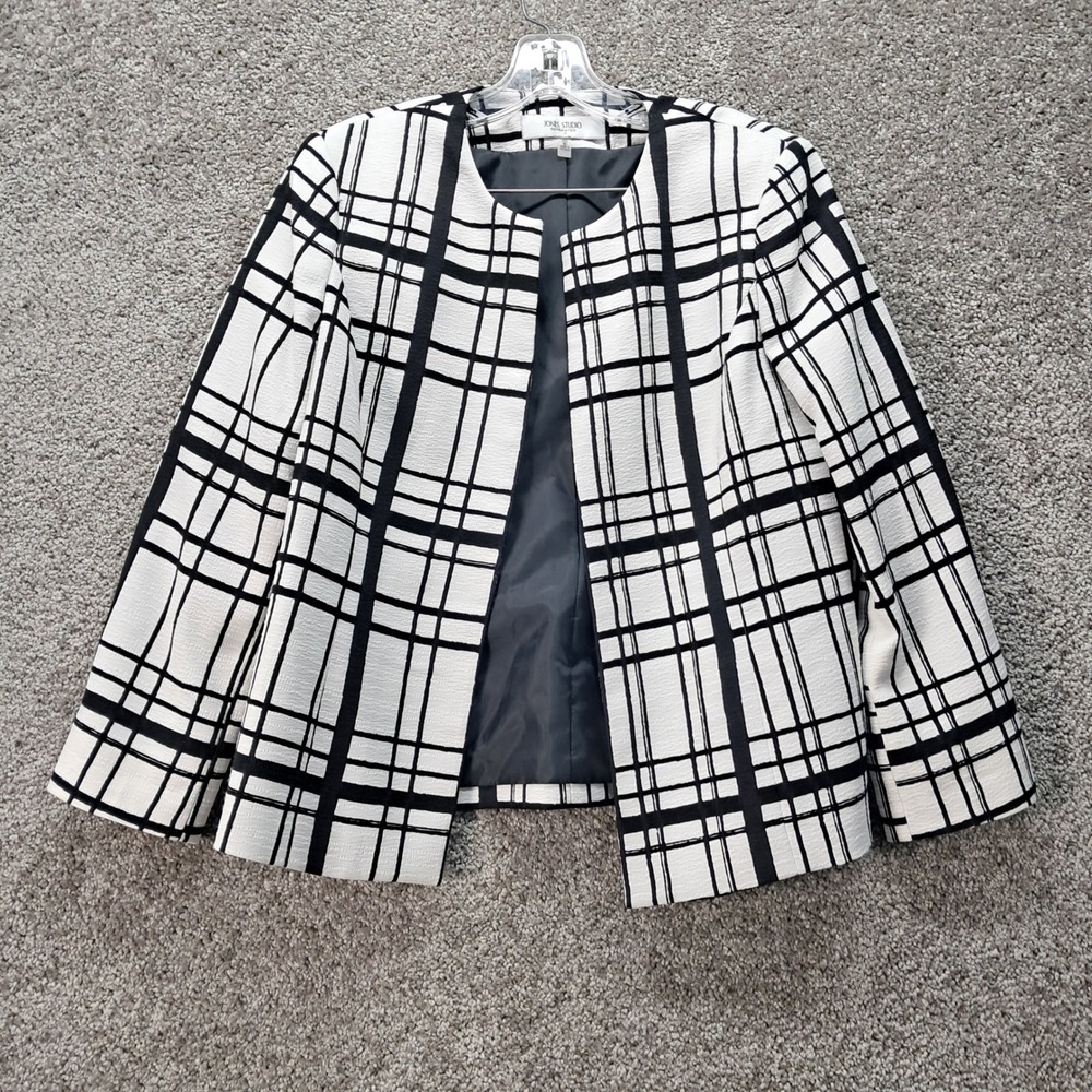 Jones Studio Womens Black White Plaid Open Front Collarless Blazer Jacket Size 6